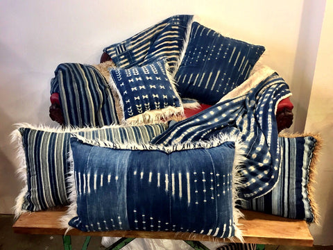 24 x 40 INDIGO AND MUD CLOTH PILLOWS BACKED WITH FAUX FUR